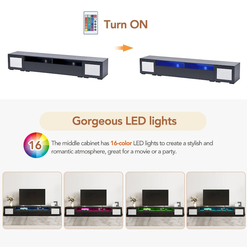 Black 82.6 TV Stand with Push-Open Doors & LED for 90 TVs