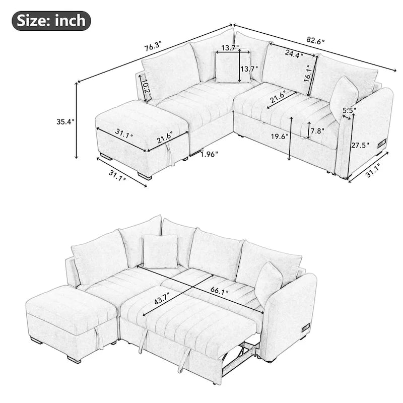 L-shaped Sectional Pull Out Sofa Bed Sleeper Sofa with Two USB Ports, Two Power Sockets