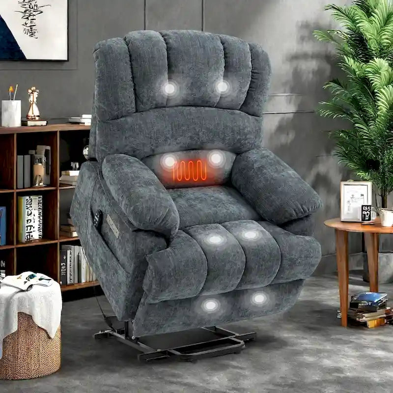 Oversized Chenille Power Lift Recliner Chair with Massage and Lumbar Heating, USB Charge Port