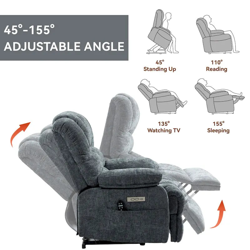Oversized Chenille Power Lift Recliner Chair with Massage and Lumbar Heating, USB Charge Port