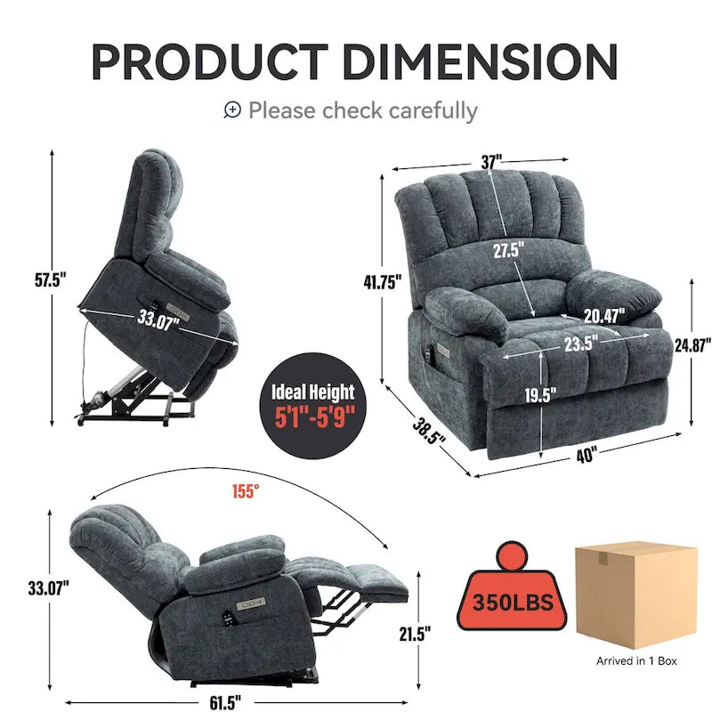 Oversized Chenille Power Lift Recliner Chair with Massage and Lumbar Heating, USB Charge Port