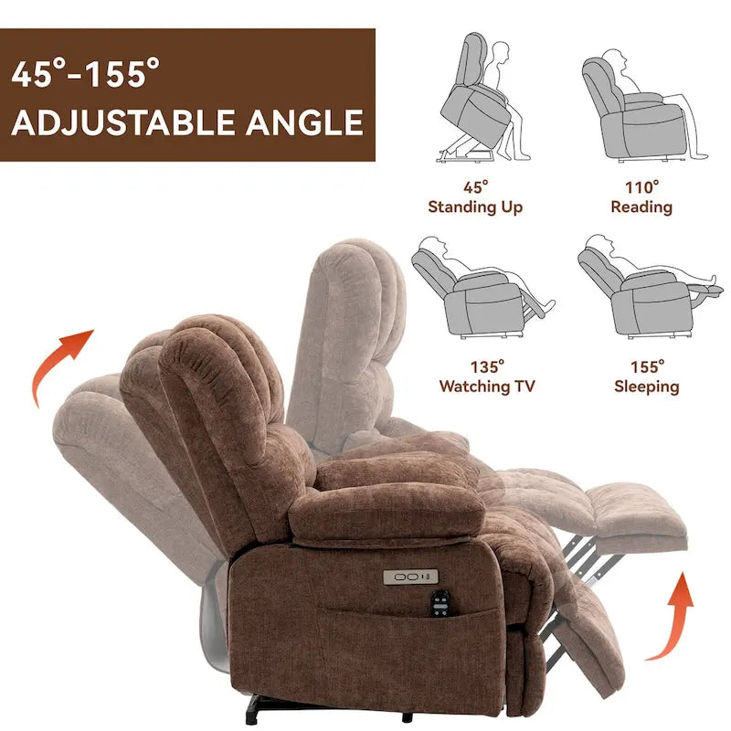 Oversized Chenille Power Lift Recliner Chair with Massage and Lumbar Heating, USB Charge Port
