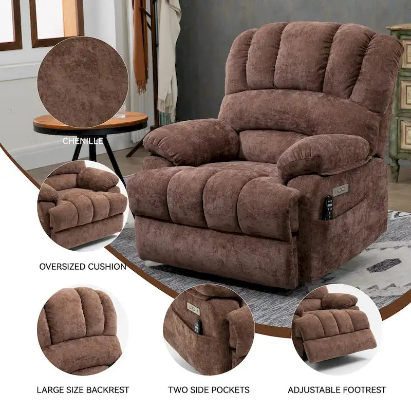 Oversized Chenille Power Lift Recliner Chair with Massage and Lumbar Heating, USB Charge Port