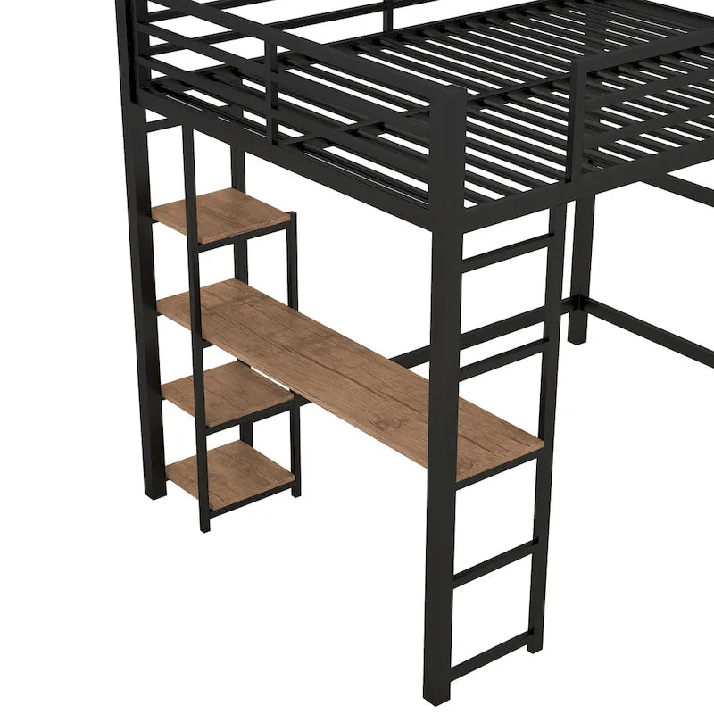 Full Size Metal Loft Bed with Built-in Desk and Storage Shelves