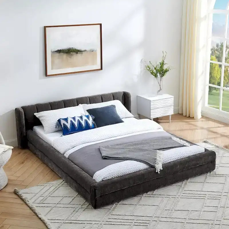 Queen Size Upholstered Platform Bed with Thick Chenille Fabric, Solid Frame & Headboard,DARK GREY