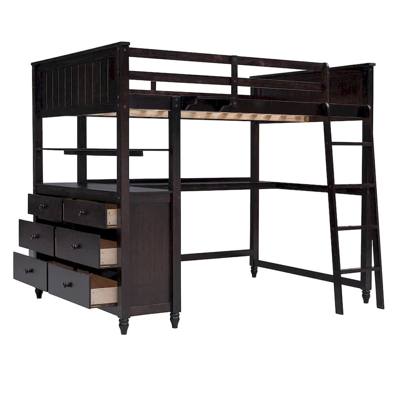 Full size Loft Bed with Drawers and Desk, Wooden Loft Bed with Shelves