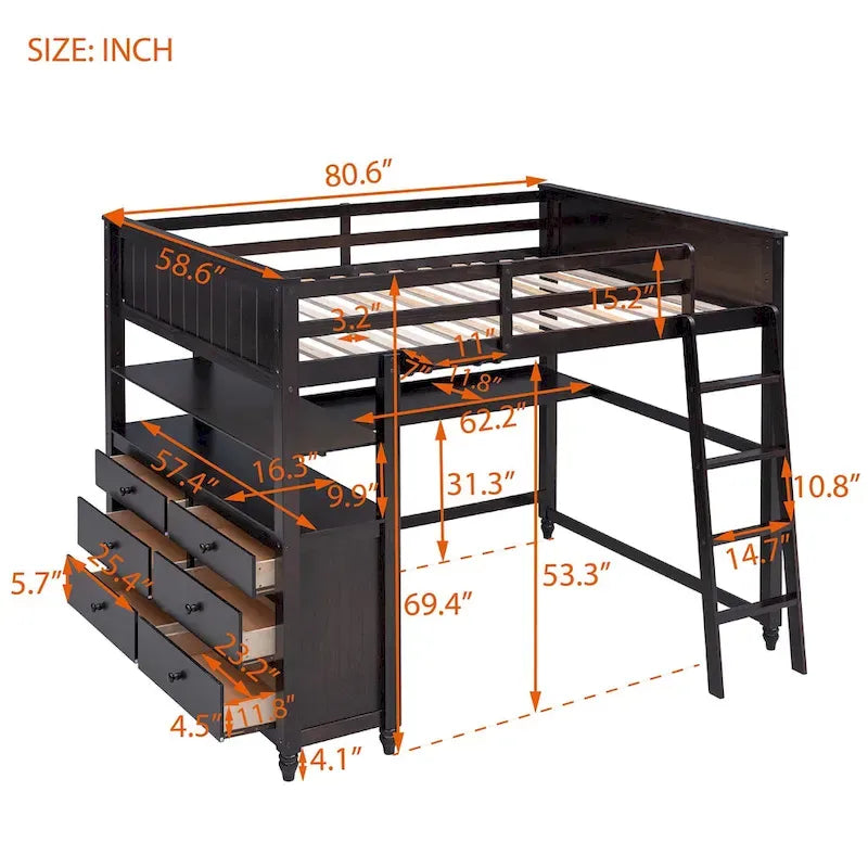 Full size Loft Bed with Drawers and Desk, Wooden Loft Bed with Shelves