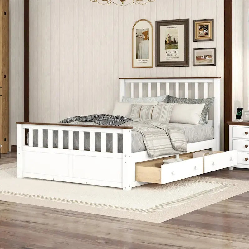Wood Slat Platform Bed Frame with Vertical Hollows Headboard and Footboard, Low Profile Bed, Panel Bed 2 Drawers