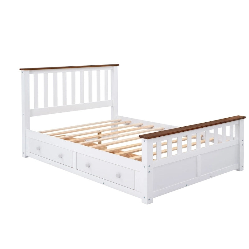 Wood Slat Platform Bed Frame with Vertical Hollows Headboard and Footboard, Low Profile Bed, Panel Bed 2 Drawers