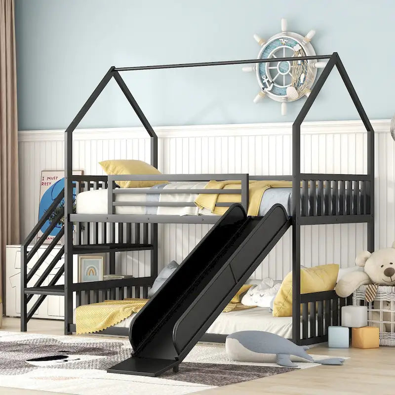 Twin Over Twin-Size Metal Bunk Bed House-Shape-Bed w/Slide, Staircase