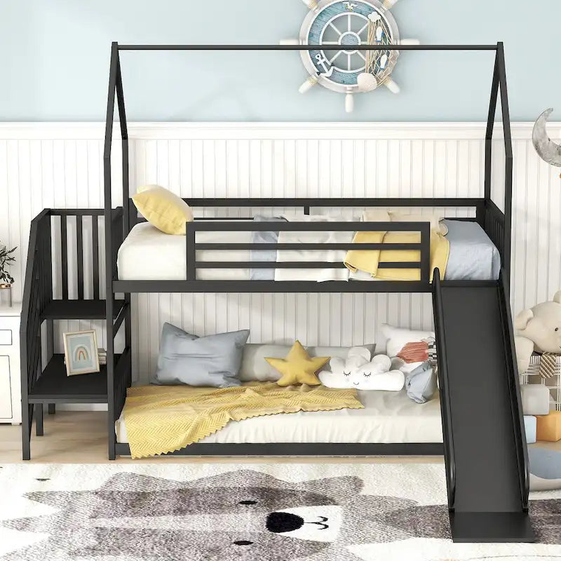 Twin Over Twin-Size Metal Bunk Bed House-Shape-Bed w/Slide, Staircase