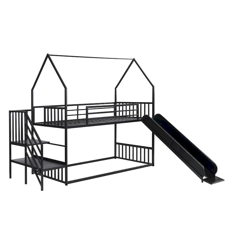 Twin Over Twin-Size Metal Bunk Bed House-Shape-Bed w/Slide, Staircase