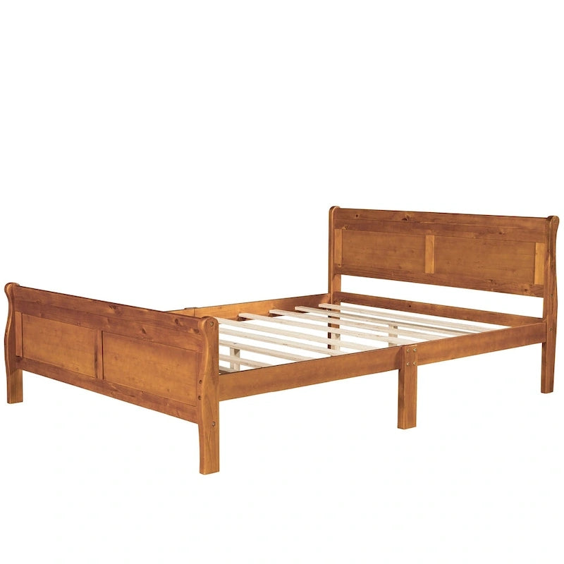 Queen Size Wood Platform Bed with Headboard and Wooden Slat Support, Oak