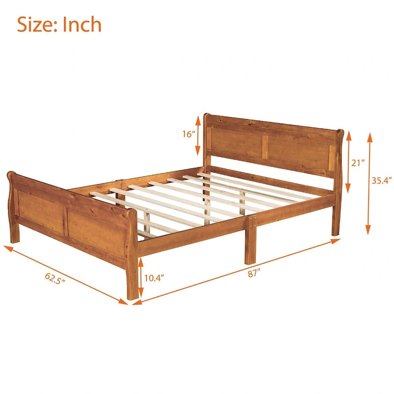 Queen Size Wood Platform Bed with Headboard and Wooden Slat Support, Oak
