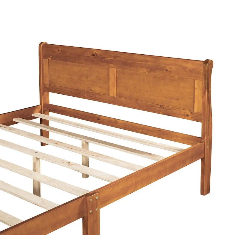 Queen Size Wood Platform Bed with Headboard and Wooden Slat Support, Oak