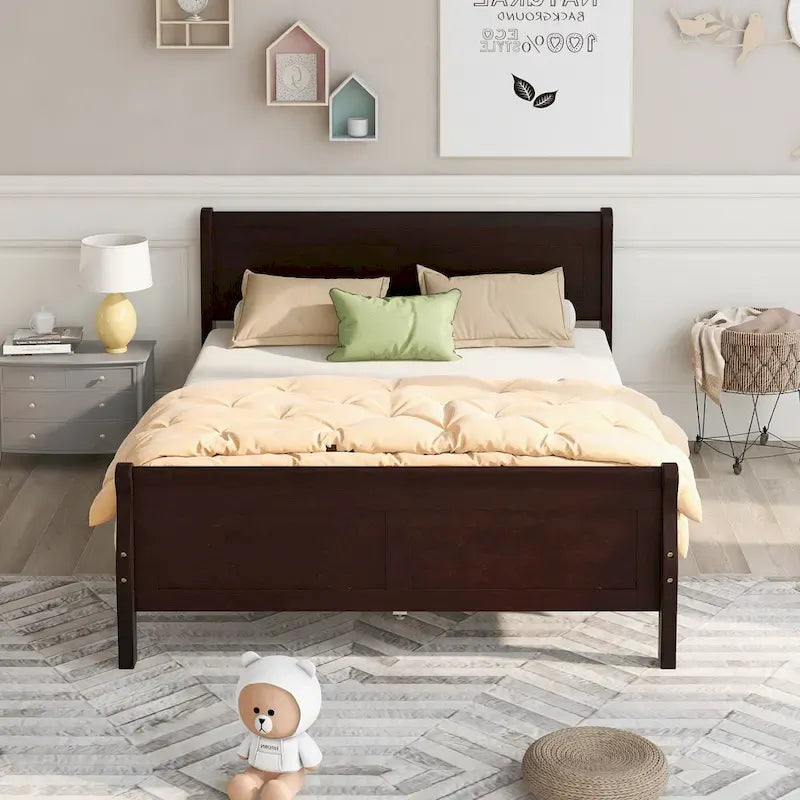 Queen Size Wood Platform Bed with Headboard and Wooden Slat Support, Oak