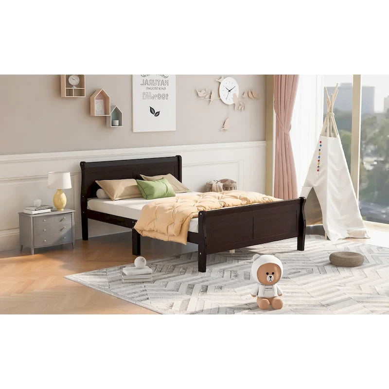 Queen Size Wood Platform Bed with Headboard and Wooden Slat Support, Oak