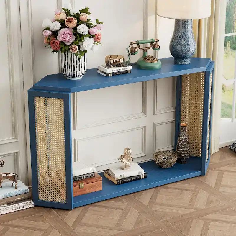 Narrow Console Table with Open Shelf,Antique Blue