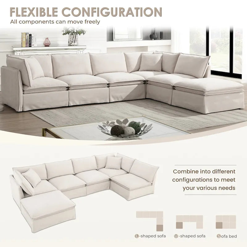 L Shaped Modular Sectional Chenille Sofa with Movable Ottoman