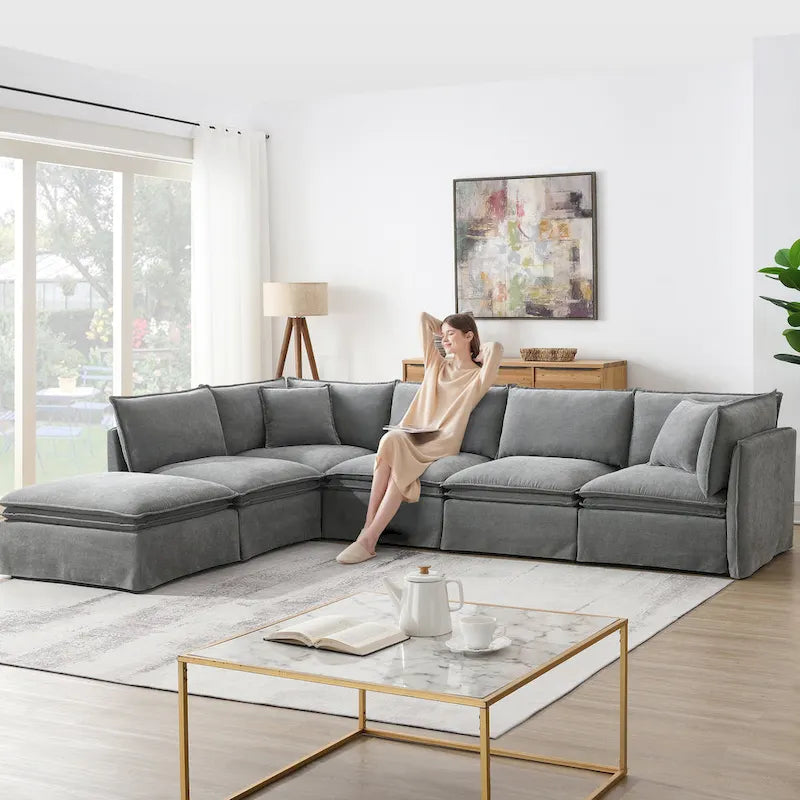 L Shaped Modular Sectional Chenille Sofa with Movable Ottoman