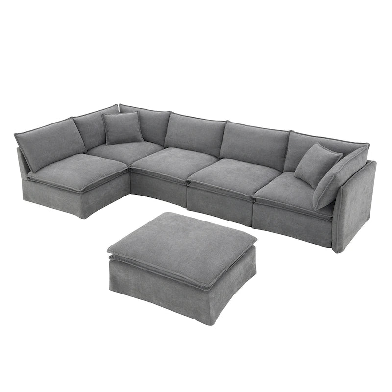L Shaped Modular Sectional Chenille Sofa with Movable Ottoman