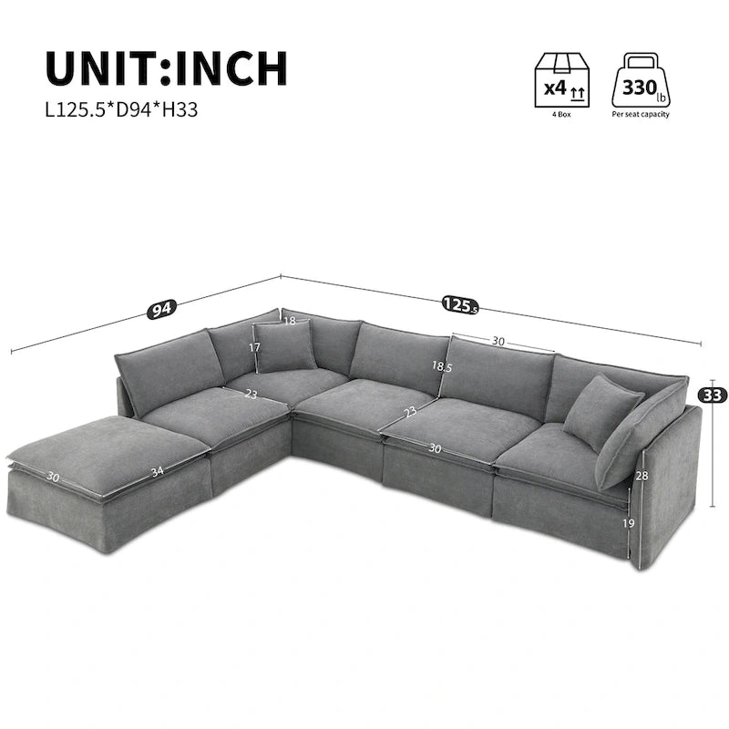L Shaped Modular Sectional Chenille Sofa with Movable Ottoman