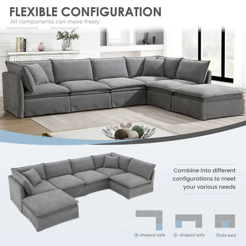 L Shaped Modular Sectional Chenille Sofa with Movable Ottoman