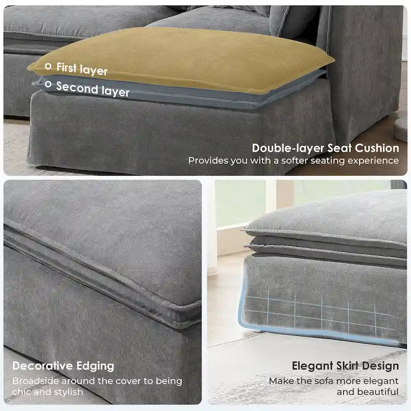 L Shaped Modular Sectional Chenille Sofa with Movable Ottoman