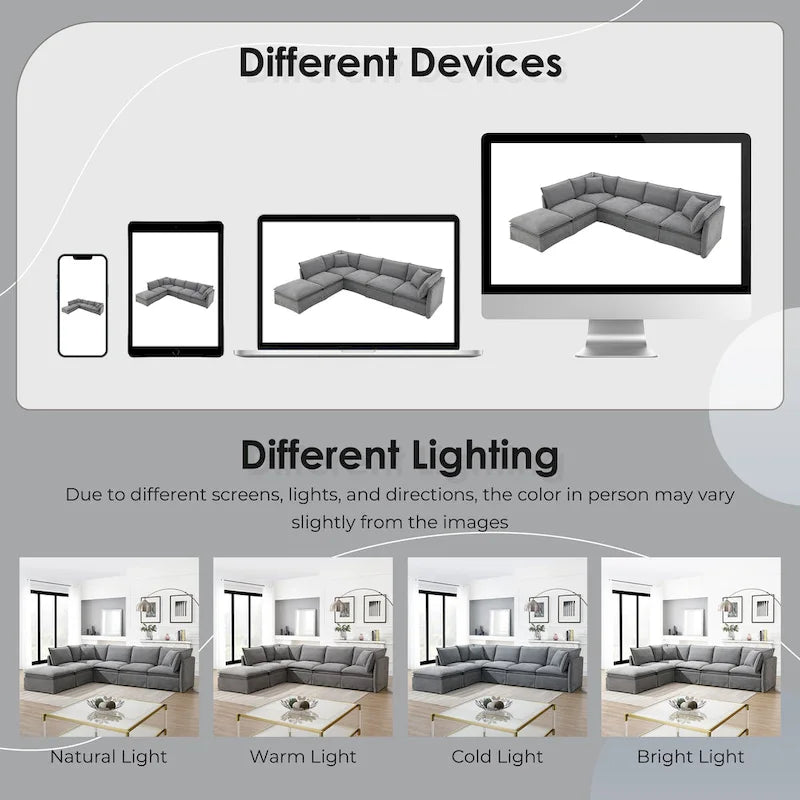 L Shaped Modular Sectional Chenille Sofa with Movable Ottoman