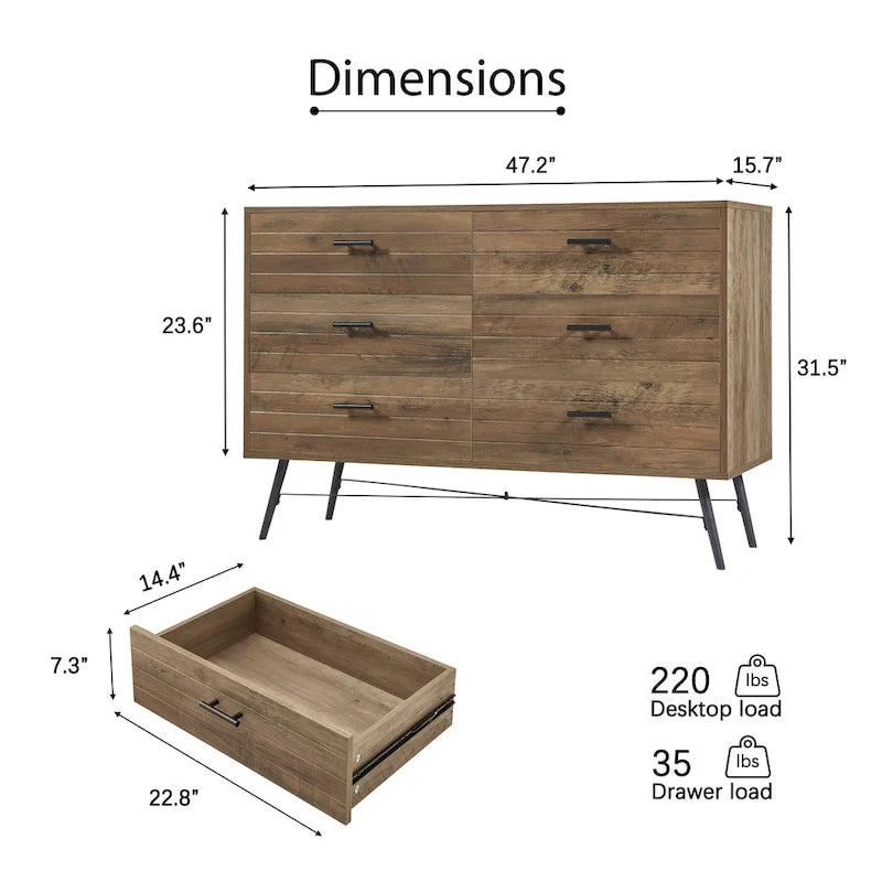 Rustic Style 47.24 Dresser TV Stand with 6 Deep Storage Drawers for Living Room