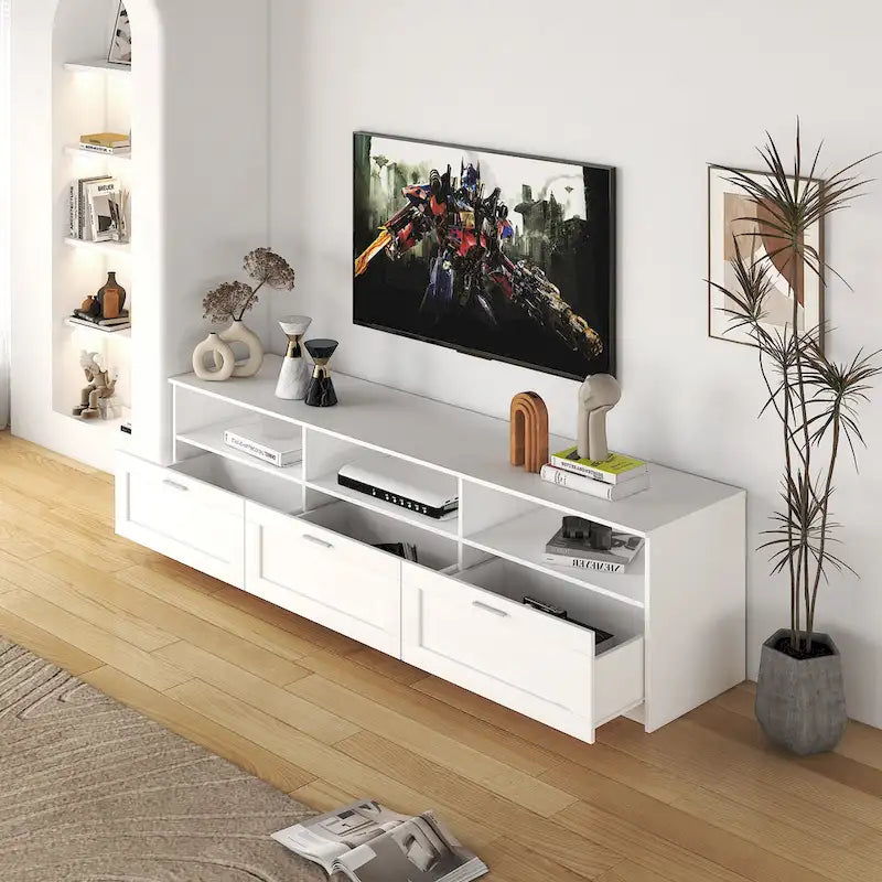 White 70 TV Stand with Open Storage & Drawers for Living Room