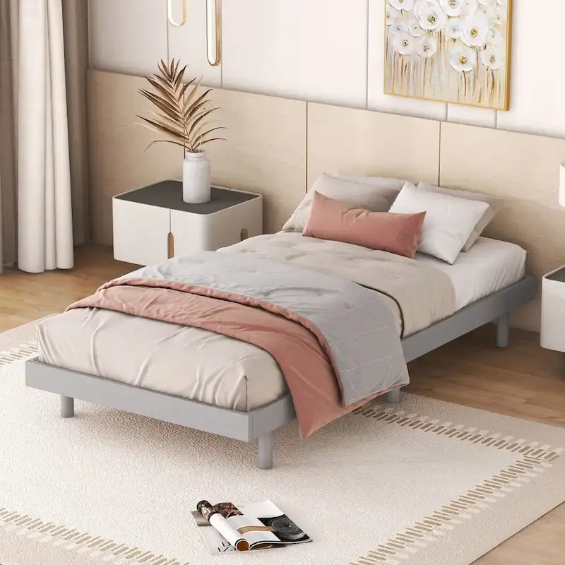 Grey Particle Board Twin Floating Platform Bed Frame with Rubberwood Legs