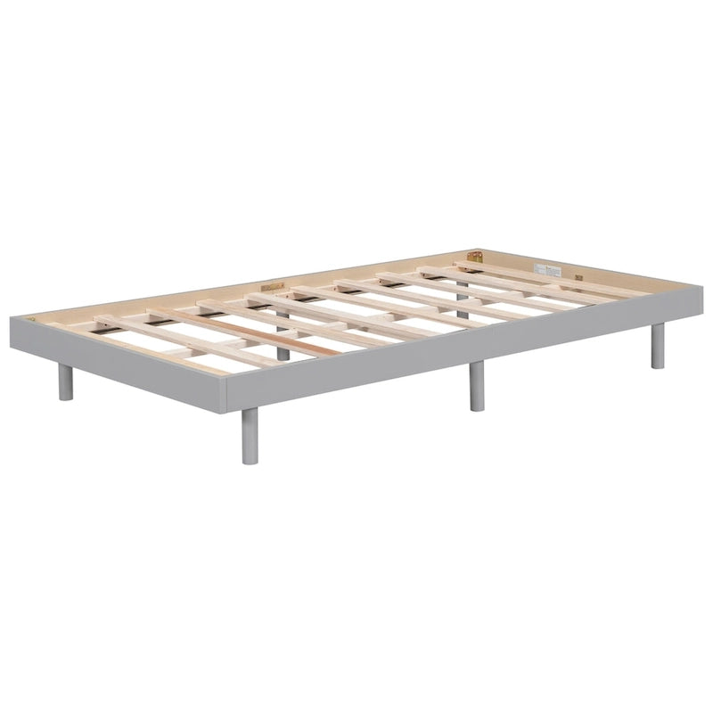 Grey Particle Board Twin Floating Platform Bed Frame with Rubberwood Legs