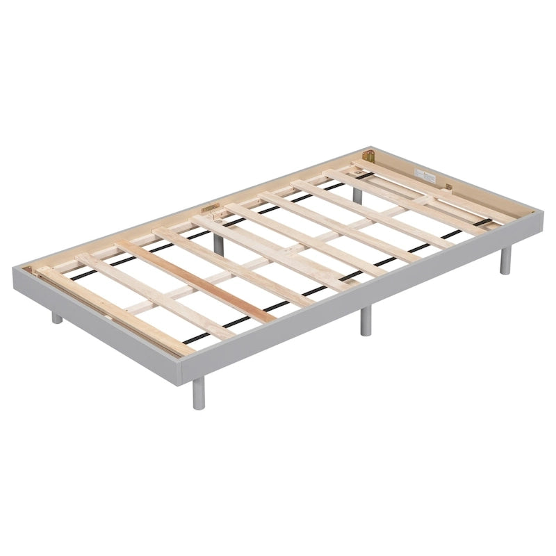 Grey Particle Board Twin Floating Platform Bed Frame with Rubberwood Legs