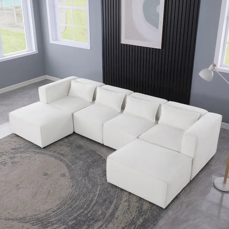 6-Piece Chenille Upholstered U-Shaped Modular Sectional Sofa with 2 Removable Ottoman and Free Combination Design