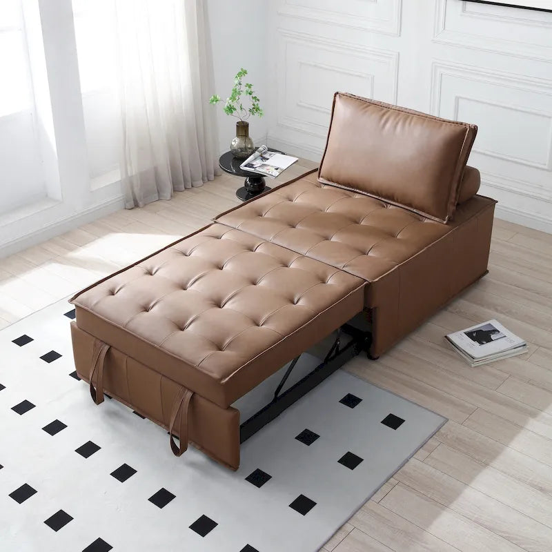 39 Faux Leather Single Multipurpose Ottoman Pull Out Sofa Bed with Adjustable Backrest and Pillow for Living Room