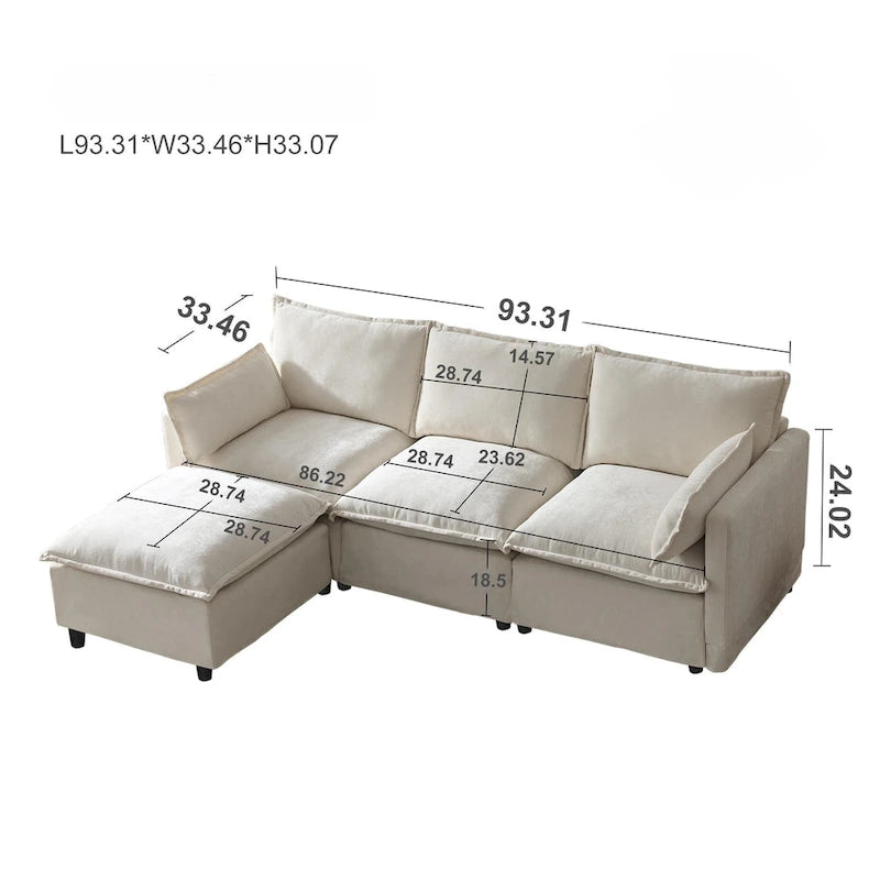 93.31 Faux Linen Modular Sectional Sofa with Ottoman, Wood Frame