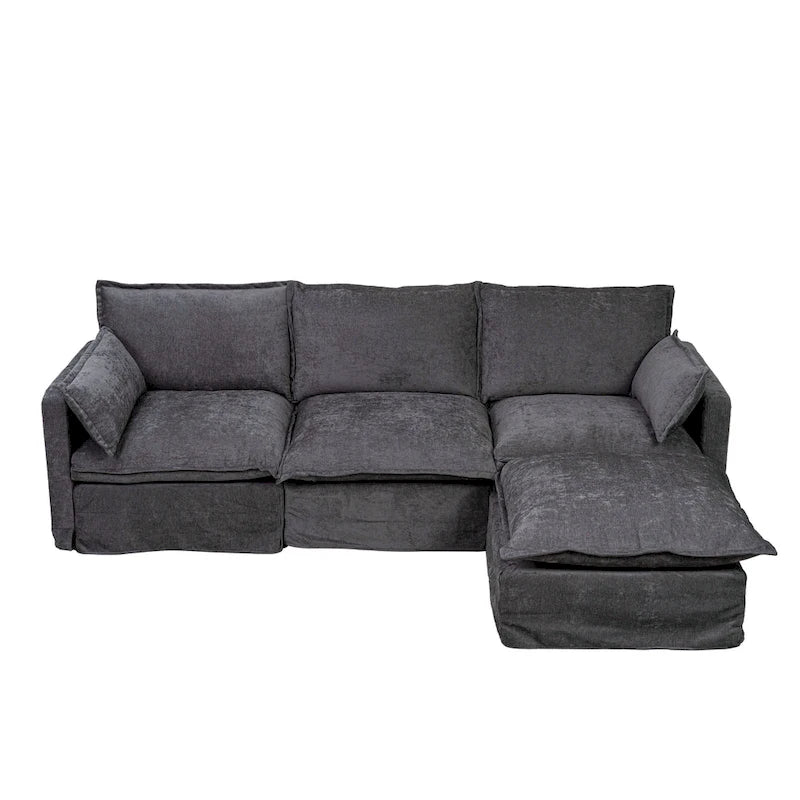 93.31 Faux Linen Modular Sectional Sofa with Ottoman, Wood Frame