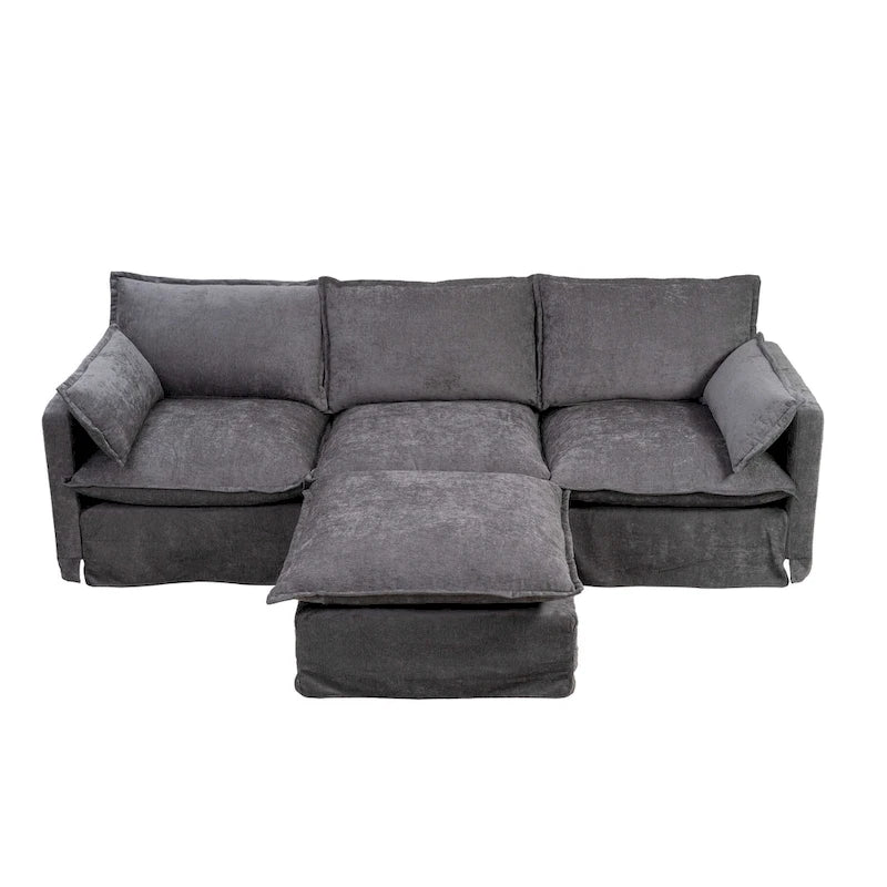 93.31 Faux Linen Modular Sectional Sofa with Ottoman, Wood Frame