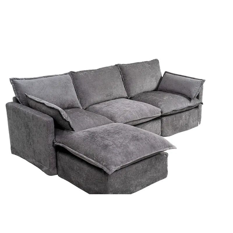 93.31 Faux Linen Modular Sectional Sofa with Ottoman, Wood Frame