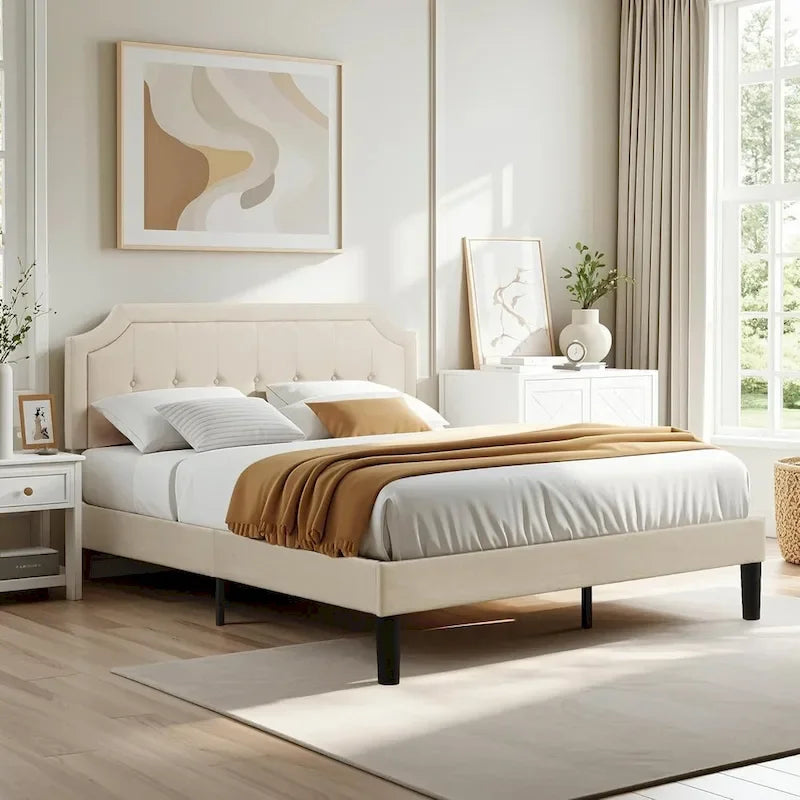 VECELO Upholstered Platform Bed Frame with Adjustable Headboard