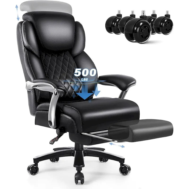 BOSSIN Lift-Headrest Big and Tall Office Chair 500lb - Heavy-Duty Leather with Retractable Footrest & Lumbar Support