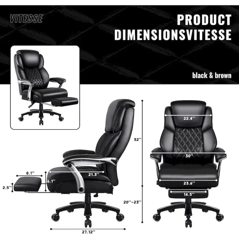 BOSSIN Lift-Headrest Big and Tall Office Chair 500lb - Heavy-Duty Leather with Retractable Footrest & Lumbar Support