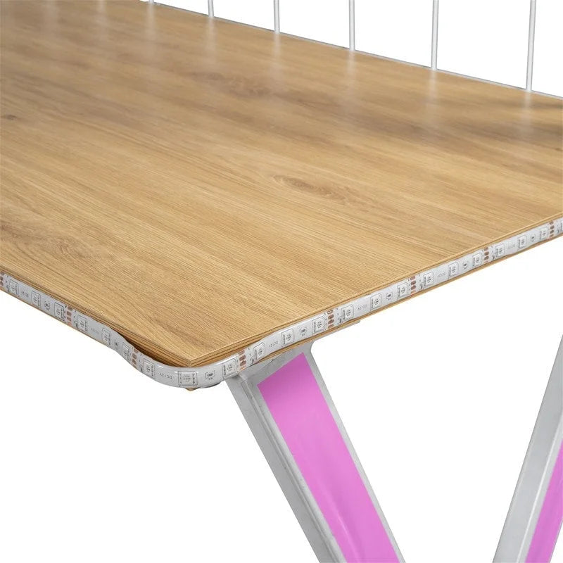 Twin/Full Size Loft Bed with Bulit-in Desk, Wardrobe & Storage Staircase, Metal Loft Bedframe with LED Light and Metal Grid