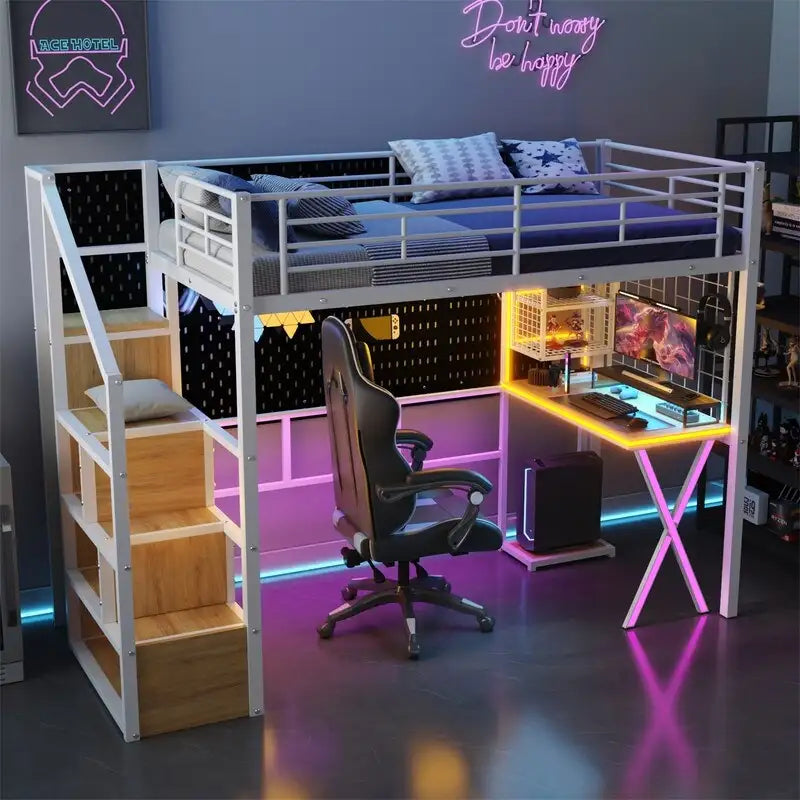 Twin/Full Size Loft Bed with Bulit-in Desk, Wardrobe & Storage Staircase, Metal Loft Bedframe with LED Light and Metal Grid