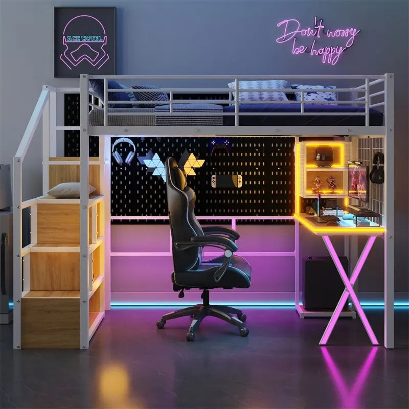 Twin/Full Size Loft Bed with Bulit-in Desk, Wardrobe & Storage Staircase, Metal Loft Bedframe with LED Light and Metal Grid