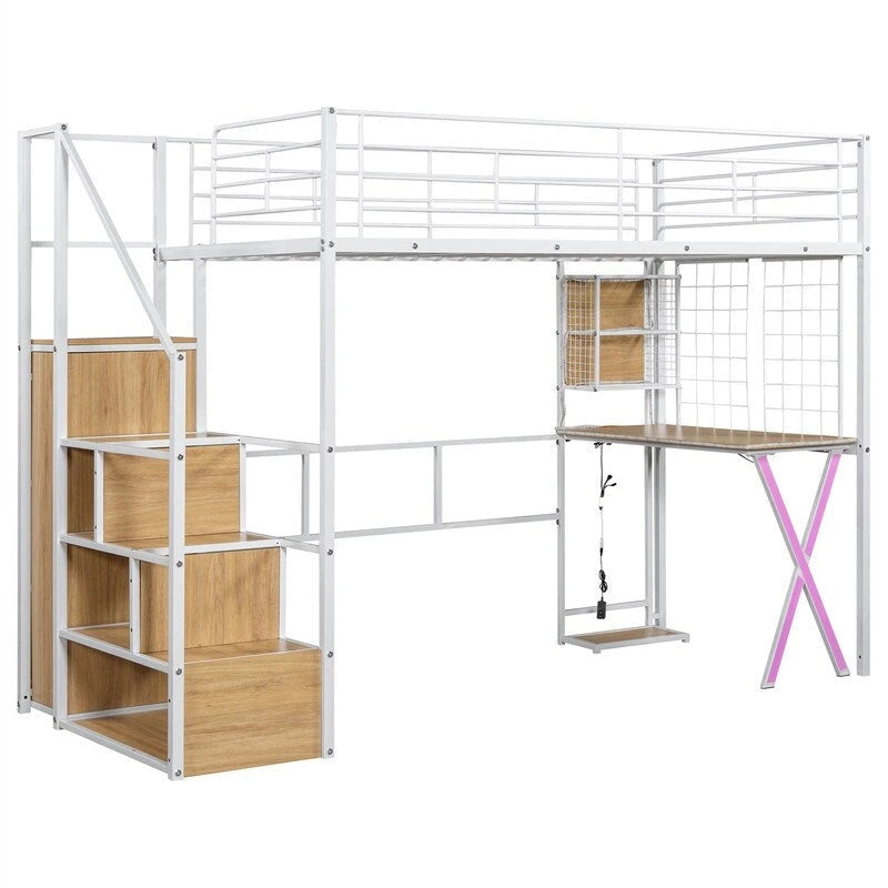 Twin/Full Size Loft Bed with Bulit-in Desk, Wardrobe & Storage Staircase, Metal Loft Bedframe with LED Light and Metal Grid