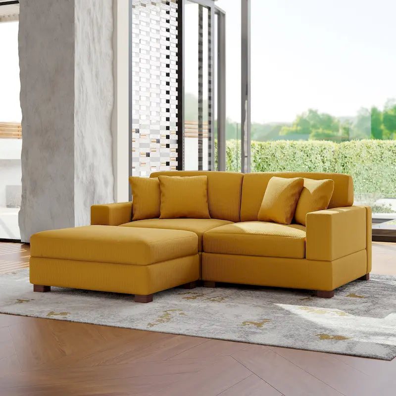 Modular Corduroy Sectional Sofa Set Chaise Couch with Ottoman