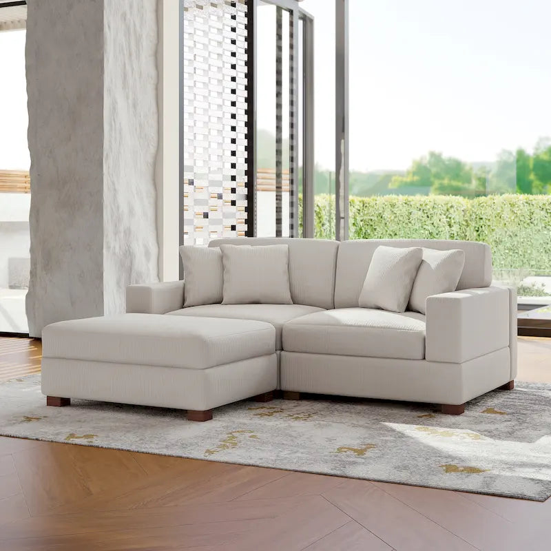 Modular Corduroy Sectional Sofa Set Chaise Couch with Ottoman