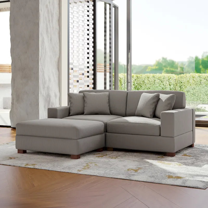 Modular Corduroy Sectional Sofa Set Chaise Couch with Ottoman